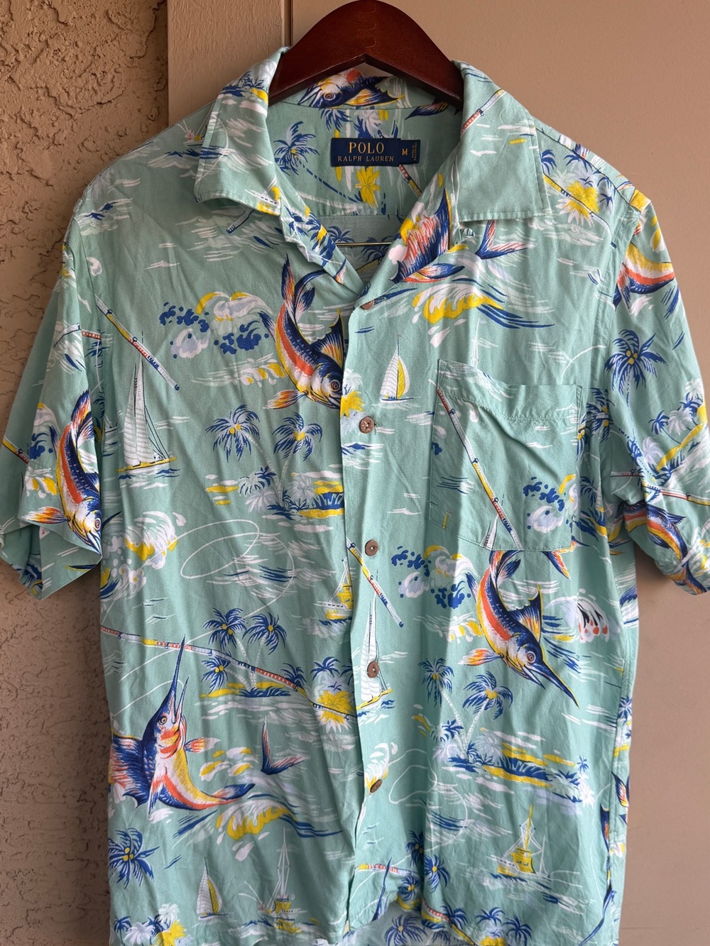Polo Ralph Lauren Seafoam Green Tropical Sailfish Print Camp Shirt